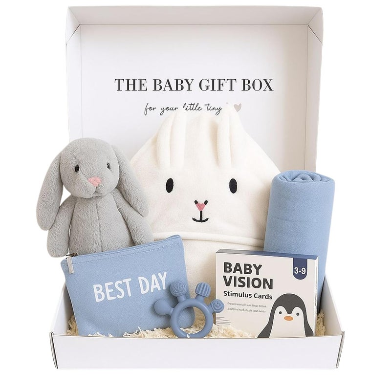 Tiny Treasures New Baby Gift Basket Set with Adorable Newborn Essentials for Baby Girl and Boy | Quality Baby Shower Gift Baskets with Soft Swaddle Blanket | Cutest Newborn Gift Set, Gift-Ready Packaging (Blue) - Image 1